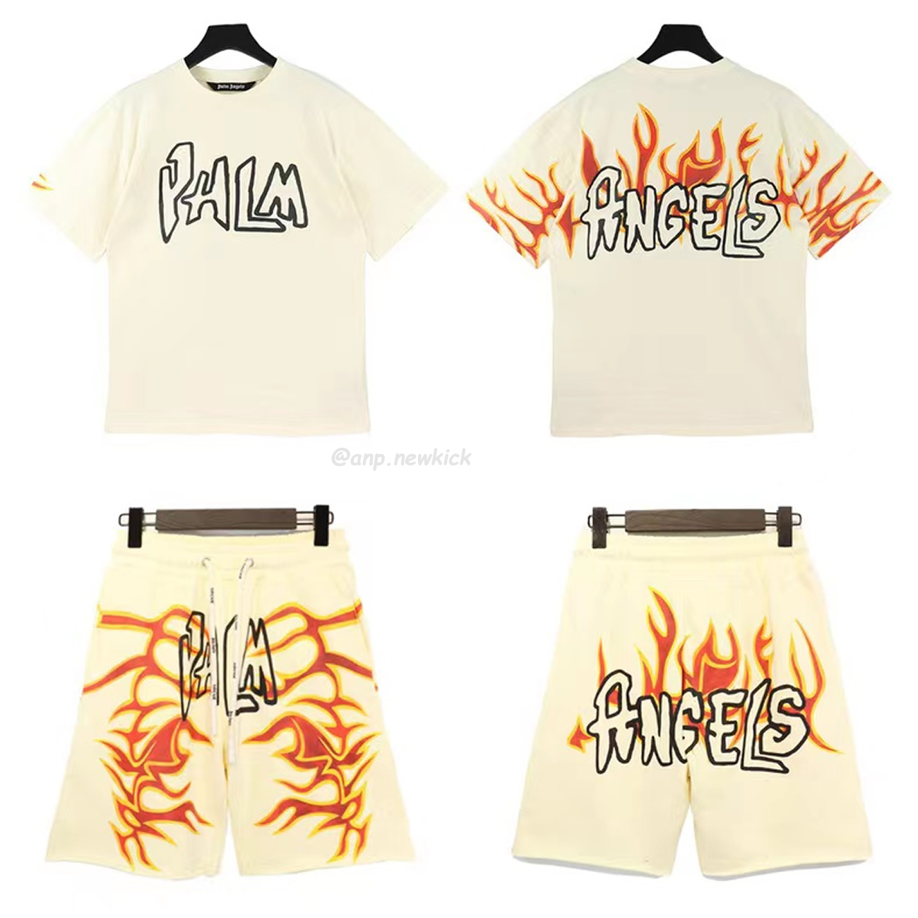 Palm Angels Graffiti Flame T Shirt Shorts Black White (9) - www.newkick.vip